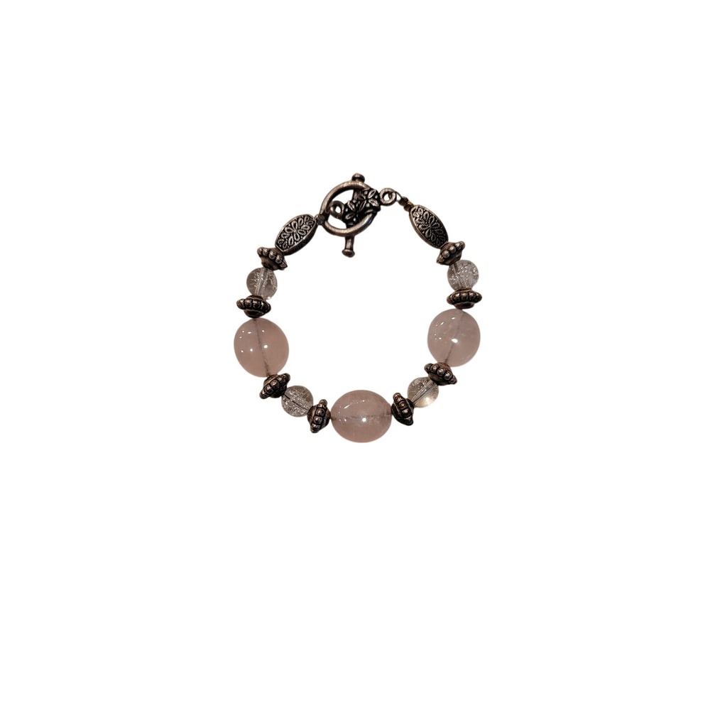 Rose Quartz Beaded Bracelet Silver Tone Floral Toggle Clasp Boho Pink‎ Clear